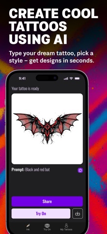 InkWorld App Store marketing image showing a bat tattoo concept and a Try On button