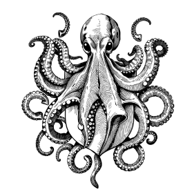 Black ink octopus, InkWorld engraving style card