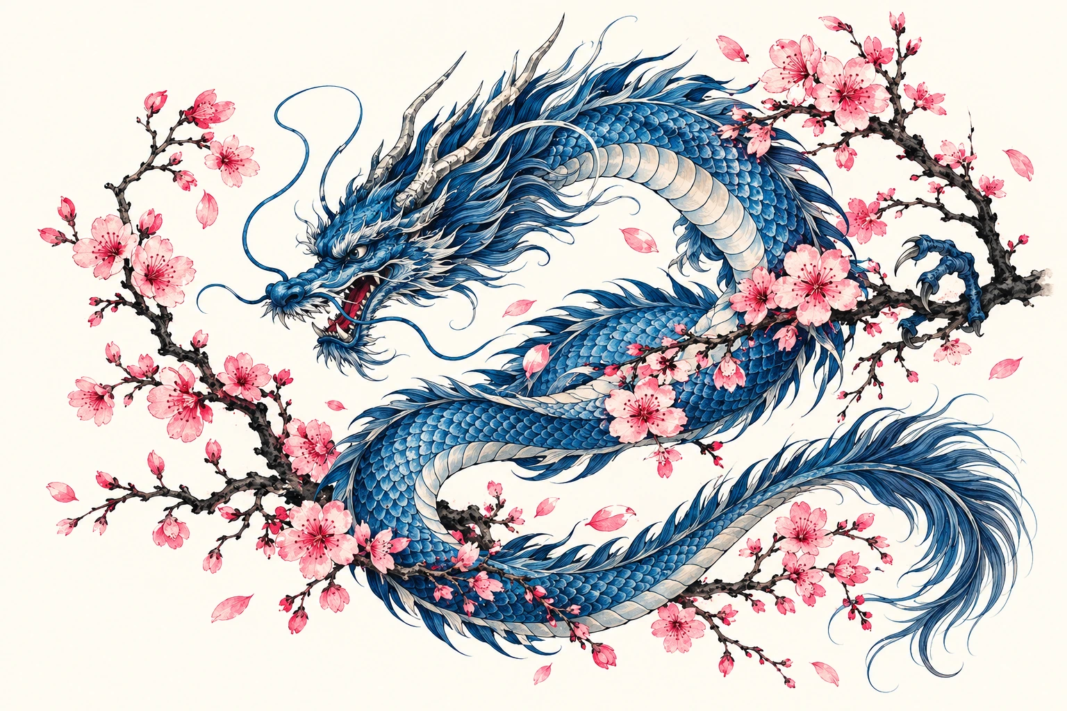Illustrative study of a blue dragon among pink blossoms