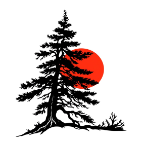 InkWorld neo line style card: pine tree and red sun