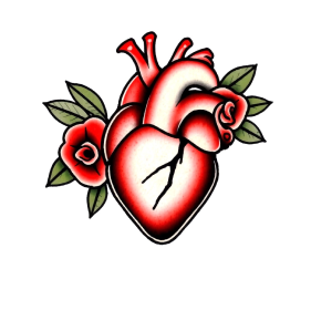 Red anatomical heart and roses, InkWorld old school style card
